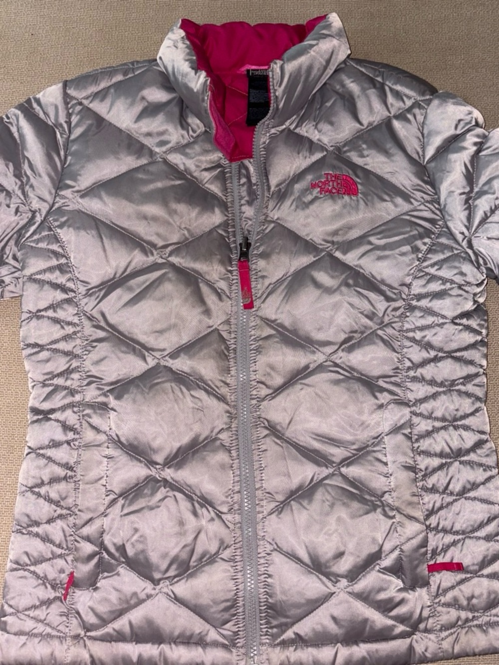 The North Face Silver Quilted Jacket with Pink Logo
